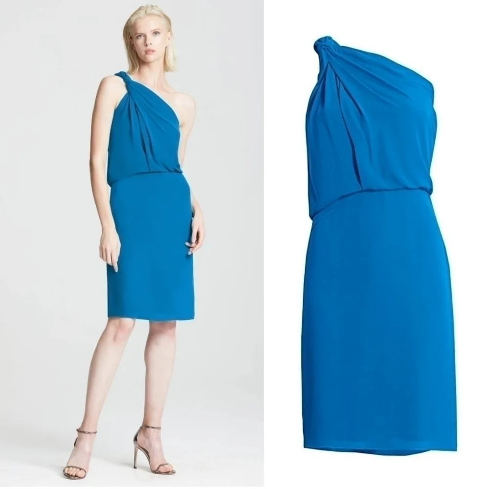 New Halston Braided Strap One-Shoulder Silky Georgette Dress NWT Size 4